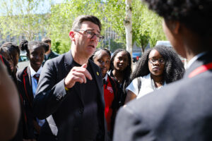 Mayor of Greater Manchester, Andy Burnham, talks to Trinity students.